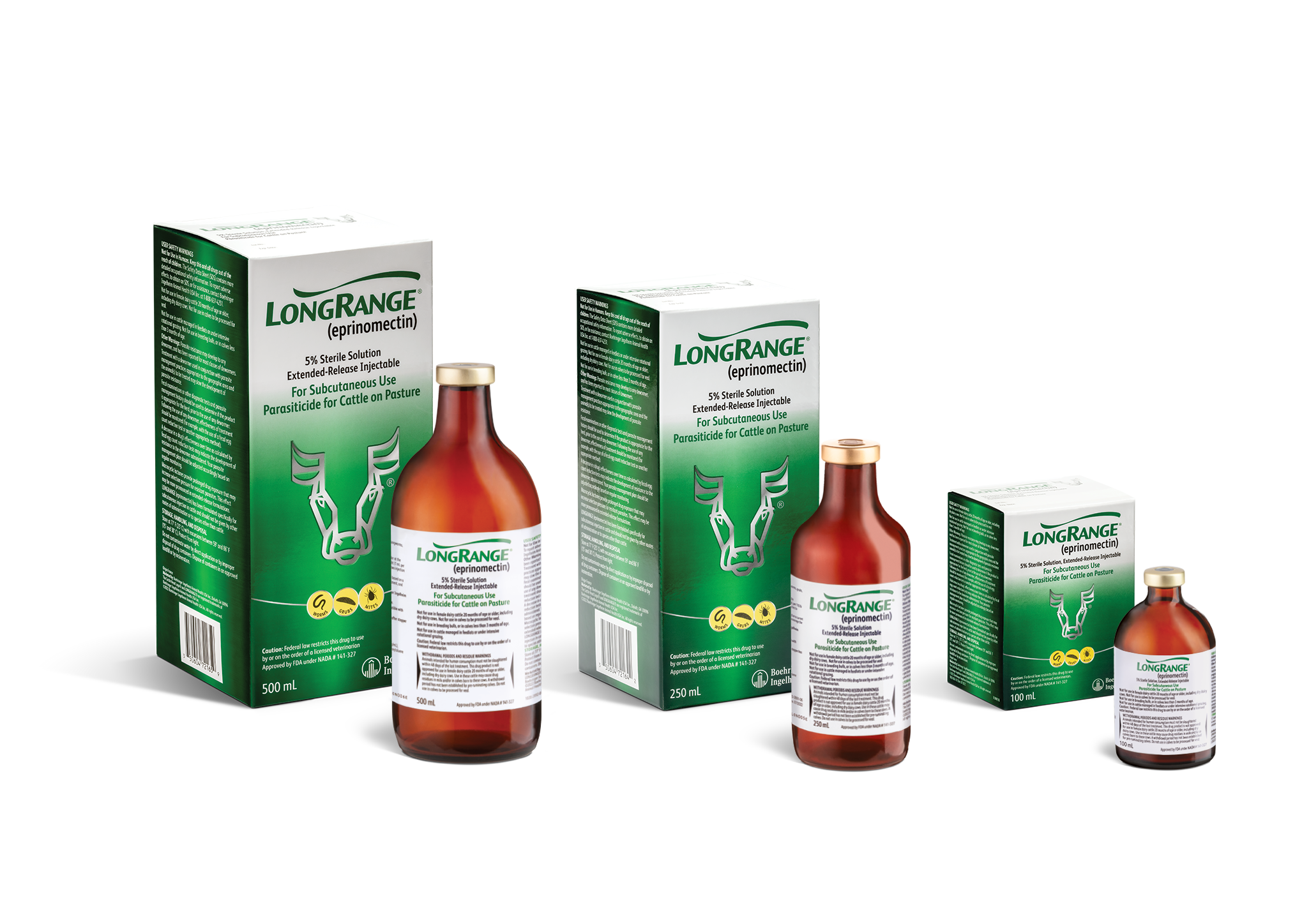 LongRange eprinomectin bottles in different sizes for cattle parasite control, with green packaging.