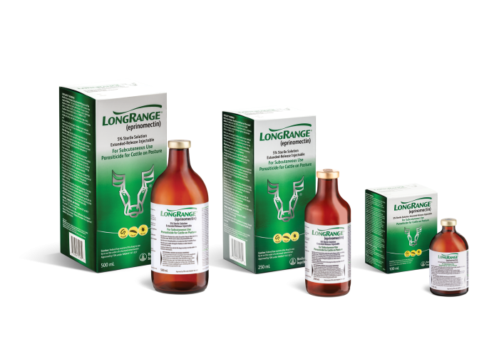 LongRange eprinomectin bottles in different sizes for cattle parasite control, with green packaging.