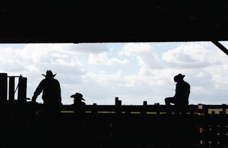 Silhouette of ranchers on a farm