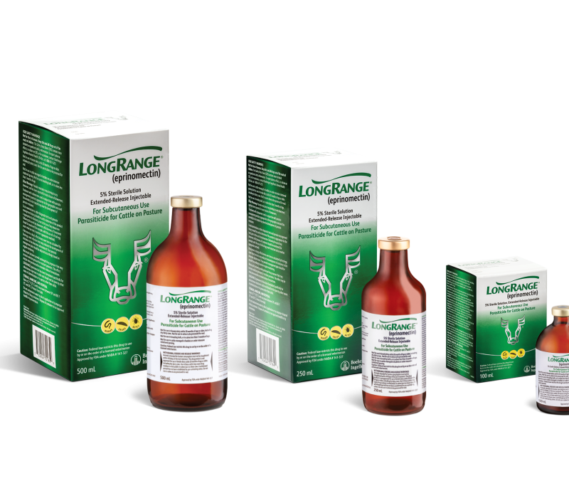 LongRange eprinomectin bottles in different sizes for cattle parasite control, with green packaging.