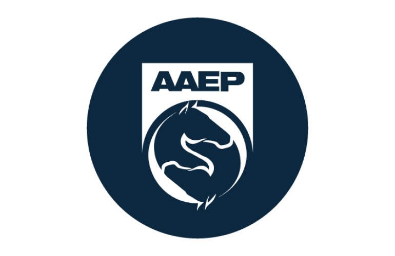 Dark blue round logo for AAEP with two horses in the center