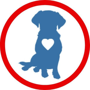 An icon of a blue dog silhouette with a white heart