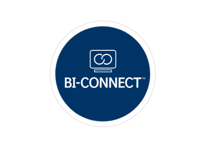A blue circle with the BI-CONNECT logo inside