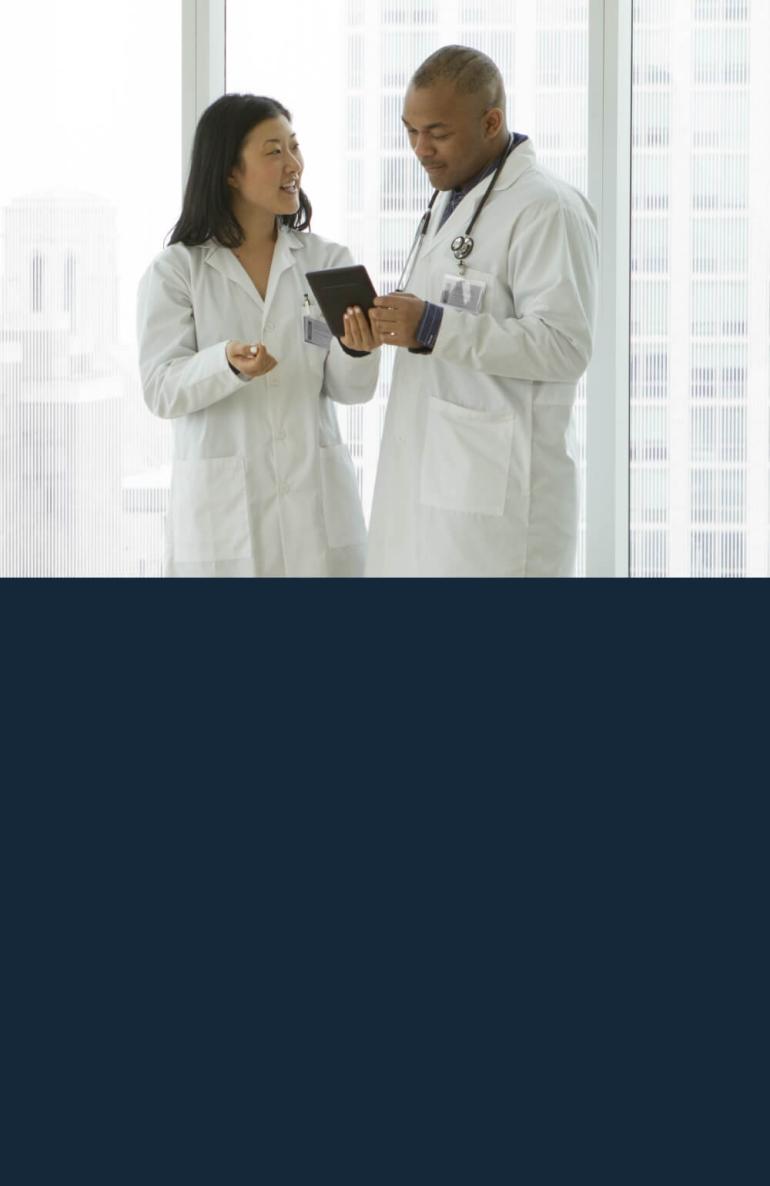 Two vets discuss a medical chart