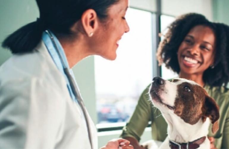 A vet, her client, and a good happy dog