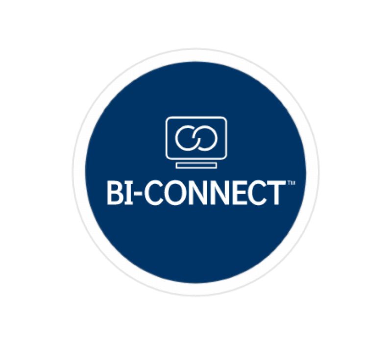 A blue circle with the BI-CONNECT logo inside