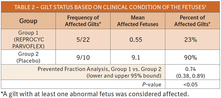 Table 2 shows Gilt status based on Clinical Condition of the Fetuses. 