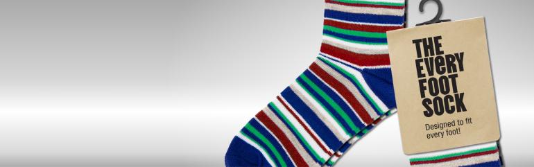 Striped multi-color socks with a tag that says, "the every foot sock."