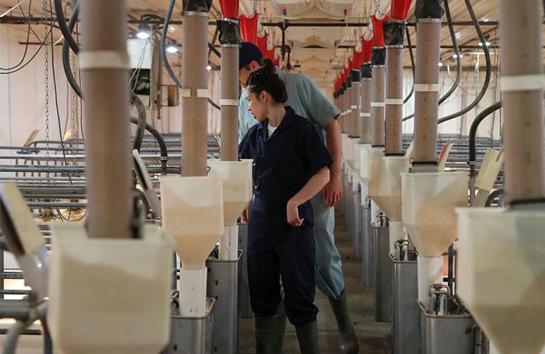 farmers walking through factory