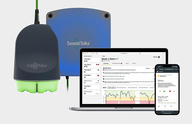 SoundTalks devices and software displayed on a laptop and mobile phone